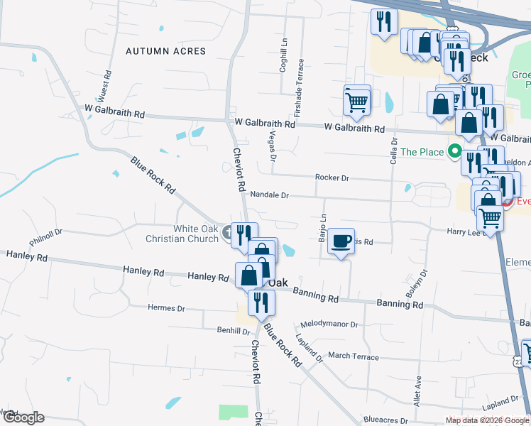 map of restaurants, bars, coffee shops, grocery stores, and more near 7640 Cheviot Road in Cincinnati