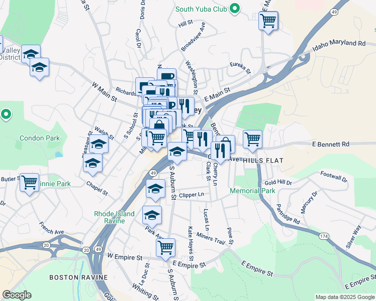 map of restaurants, bars, coffee shops, grocery stores, and more near 0 Colfax Avenue in Grass Valley