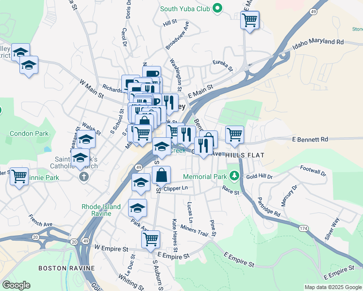 map of restaurants, bars, coffee shops, grocery stores, and more near 208 Colfax Avenue in Grass Valley
