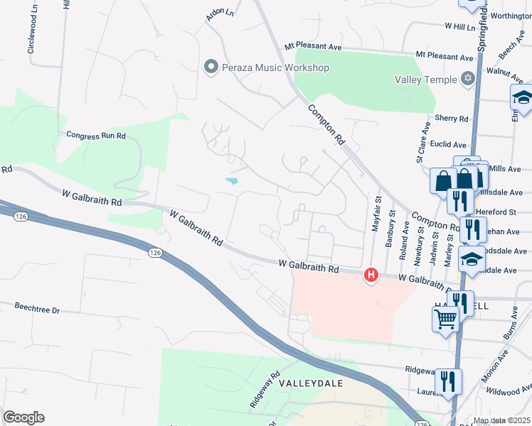 map of restaurants, bars, coffee shops, grocery stores, and more near 3107 Evergreen Ridge Drive in Cincinnati