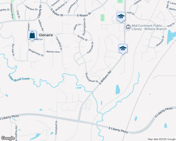 map of restaurants, bars, coffee shops, grocery stores, and more near 1913 Buckingham Drive in Liberty