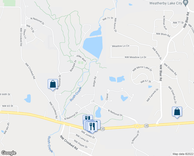 map of restaurants, bars, coffee shops, grocery stores, and more near 6529 Ridge Road in Parkville