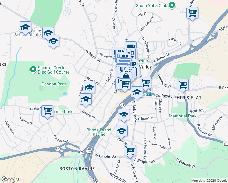 map of restaurants, bars, coffee shops, grocery stores, and more near 302 Walsh Street in Grass Valley
