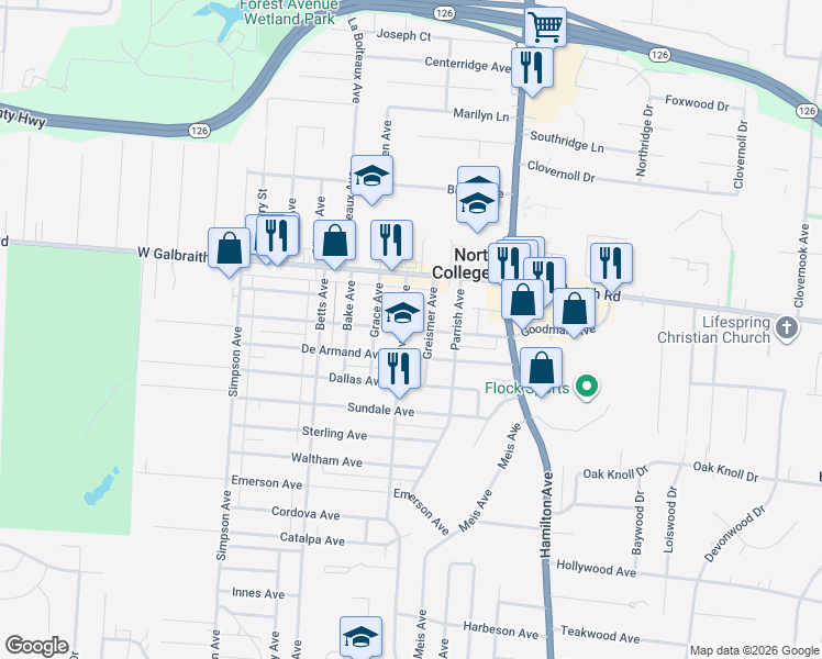 map of restaurants, bars, coffee shops, grocery stores, and more near 1727 Goodman Avenue in North College Hill