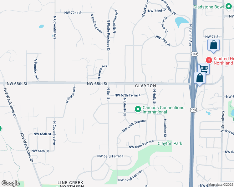 map of restaurants, bars, coffee shops, grocery stores, and more near 1629 Northwest 67th Terrace in Kansas City