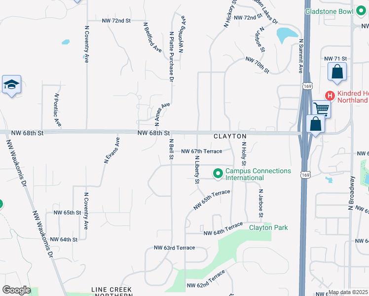 map of restaurants, bars, coffee shops, grocery stores, and more near 1629 Northwest 67th Terrace in Kansas City