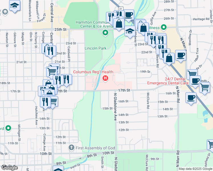 map of restaurants, bars, coffee shops, grocery stores, and more near 2400 17th Street in Columbus