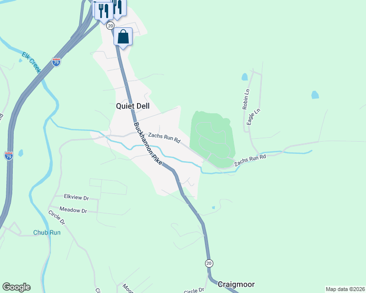 map of restaurants, bars, coffee shops, grocery stores, and more near 258 Zachs Run Road in Mount Clare