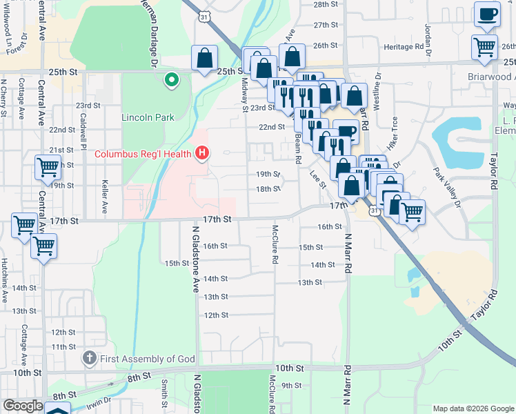 map of restaurants, bars, coffee shops, grocery stores, and more near 2815 17th Street in Columbus