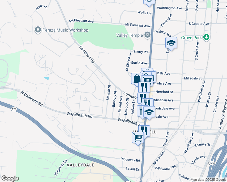 map of restaurants, bars, coffee shops, grocery stores, and more near 8407 Banbury Street in Cincinnati