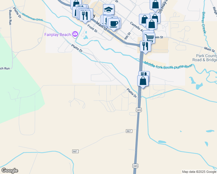 map of restaurants, bars, coffee shops, grocery stores, and more near 12 Stamper Lane in Fairplay