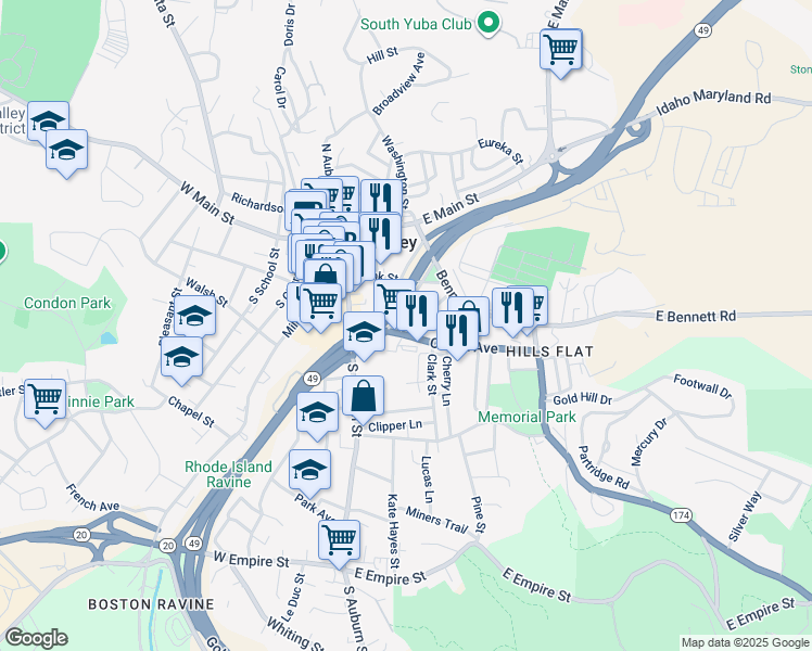 map of restaurants, bars, coffee shops, grocery stores, and more near 217 Colfax Avenue in Grass Valley