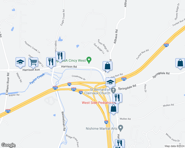 map of restaurants, bars, coffee shops, grocery stores, and more near 7211 Creekview Drive in Cincinnati