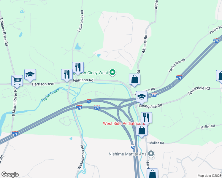 map of restaurants, bars, coffee shops, grocery stores, and more near 7211 Creekview Drive in Cincinnati