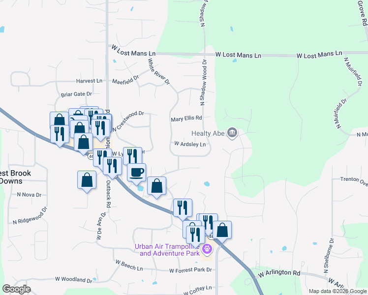 map of restaurants, bars, coffee shops, grocery stores, and more near Shadow Wood Drive in Bloomington