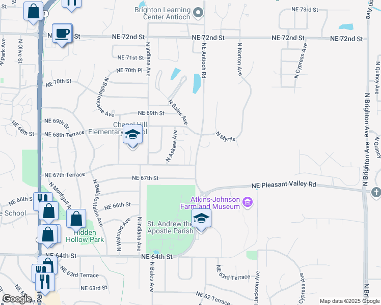 map of restaurants, bars, coffee shops, grocery stores, and more near 6728 North Randall Court in Gladstone