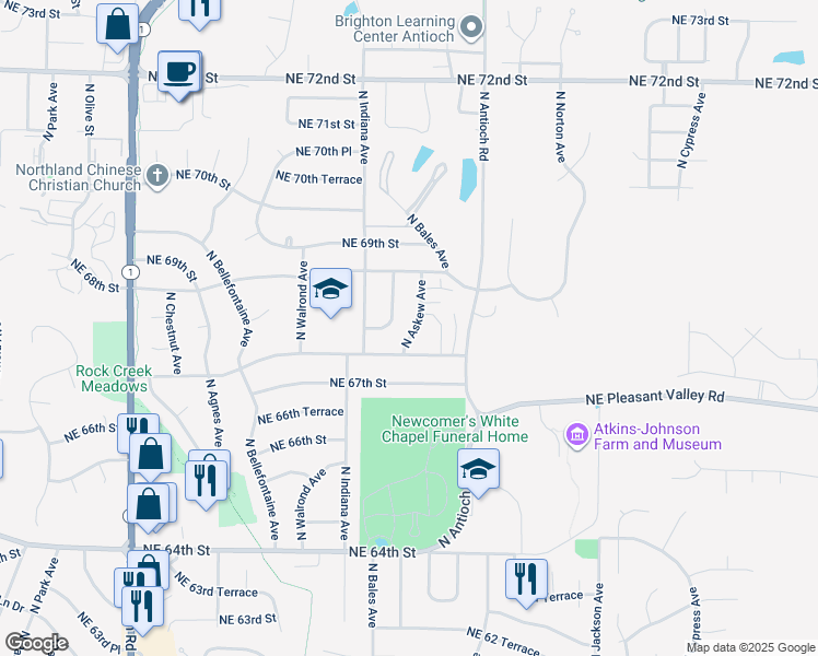 map of restaurants, bars, coffee shops, grocery stores, and more near 6714 North Askew Avenue in Kansas City