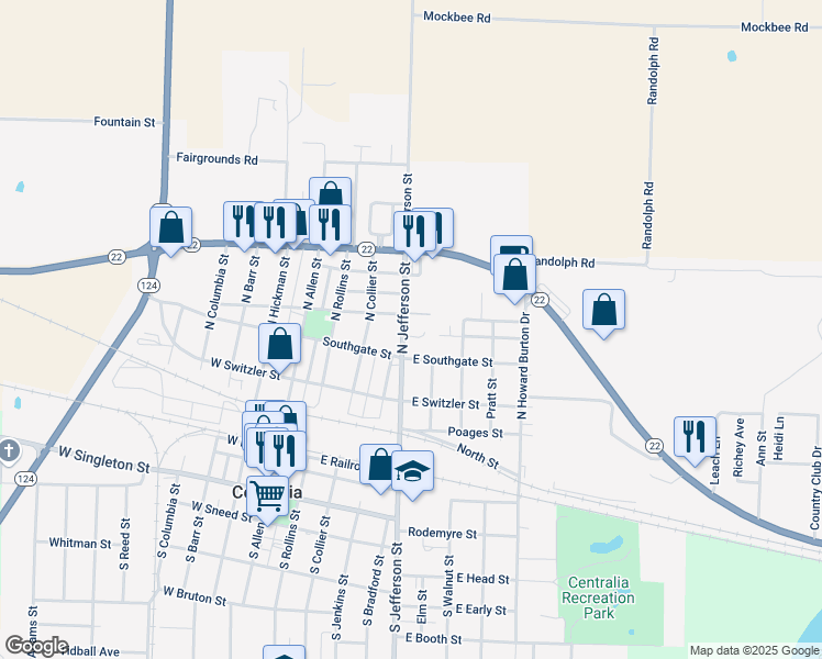 map of restaurants, bars, coffee shops, grocery stores, and more near 590 North Jefferson Street in Centralia