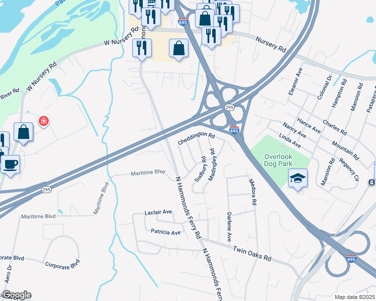 map of restaurants, bars, coffee shops, grocery stores, and more near 510 Southwell Road in Linthicum Heights