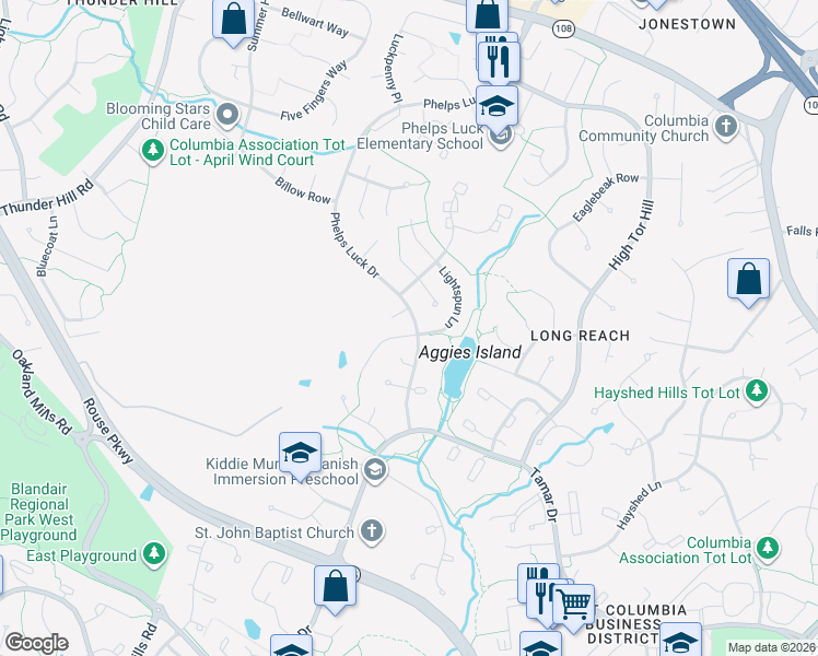 map of restaurants, bars, coffee shops, grocery stores, and more near 5626 Phelps Luck Drive in Columbia