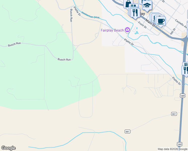 map of restaurants, bars, coffee shops, grocery stores, and more near 757 Thompson Park Road in Fairplay