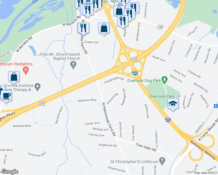 map of restaurants, bars, coffee shops, grocery stores, and more near 510 Southwell Road in Linthicum Heights