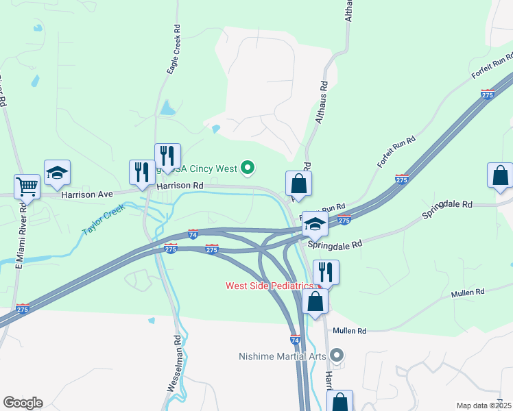 map of restaurants, bars, coffee shops, grocery stores, and more near 7211 Creekview Drive in Cincinnati