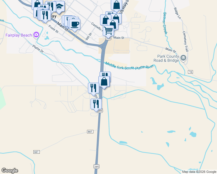 map of restaurants, bars, coffee shops, grocery stores, and more near US Highway 285 in Fairplay