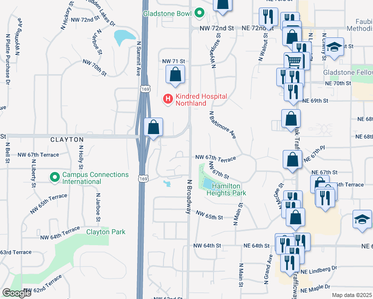 map of restaurants, bars, coffee shops, grocery stores, and more near 6632 North Broadway in Kansas City