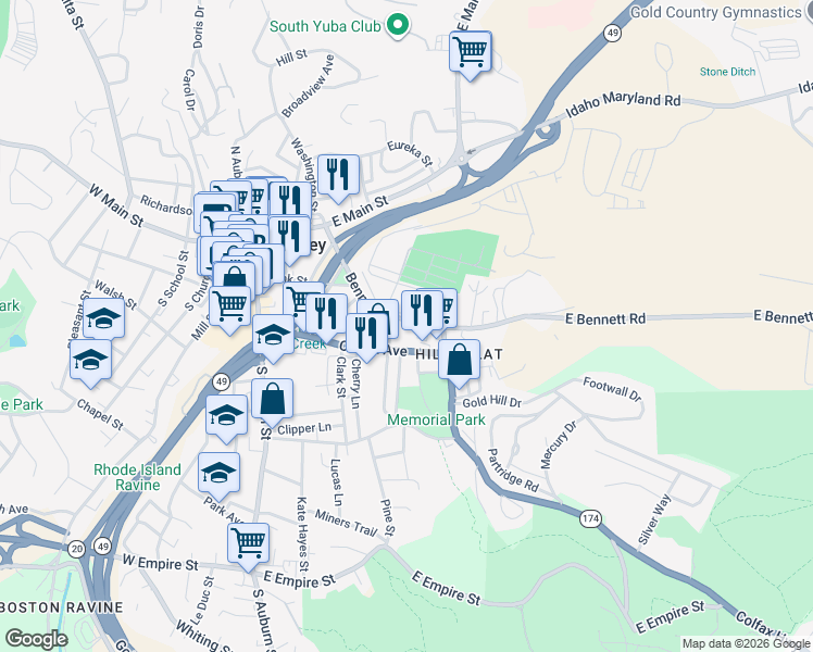 map of restaurants, bars, coffee shops, grocery stores, and more near 312 Bennett Street in Grass Valley