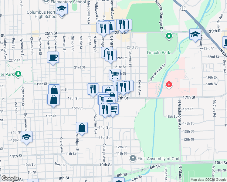 map of restaurants, bars, coffee shops, grocery stores, and more near 1701 Central Avenue in Columbus