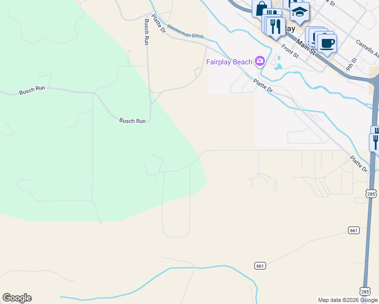 map of restaurants, bars, coffee shops, grocery stores, and more near 757 Thompson Park Road in Fairplay