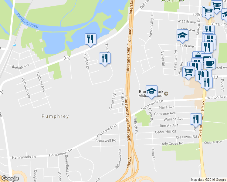 map of restaurants, bars, coffee shops, grocery stores, and more near 658 Sunset Strip in Pumphrey