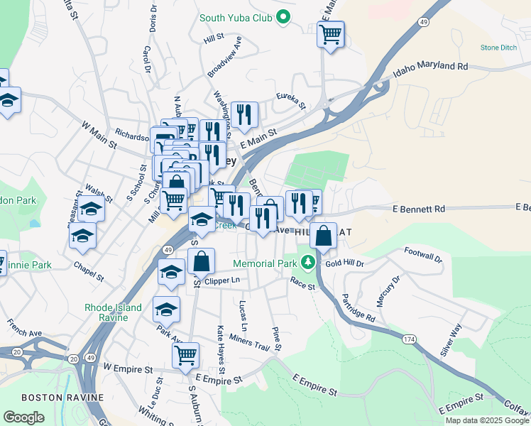 map of restaurants, bars, coffee shops, grocery stores, and more near 246 Colfax Avenue in Grass Valley