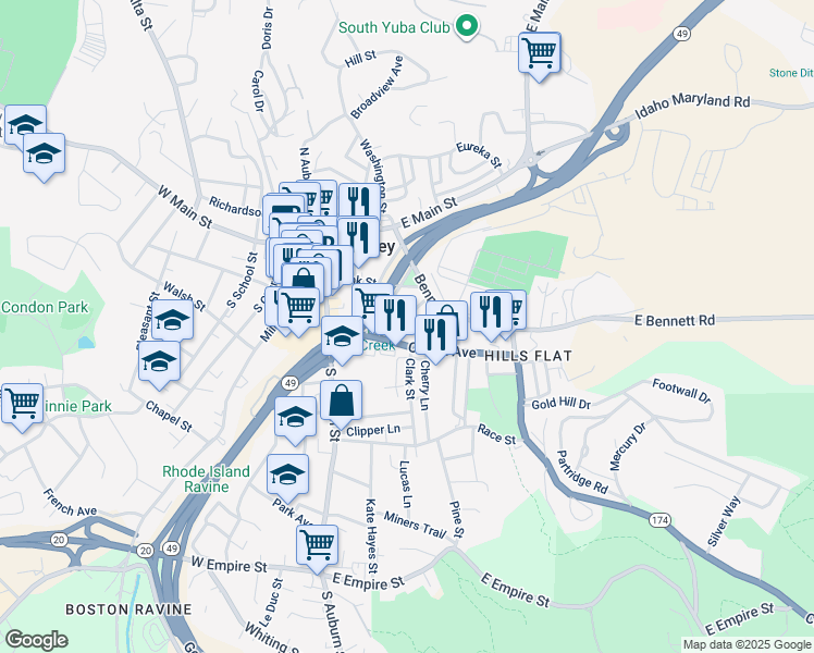 map of restaurants, bars, coffee shops, grocery stores, and more near 217 Colfax Avenue in Grass Valley