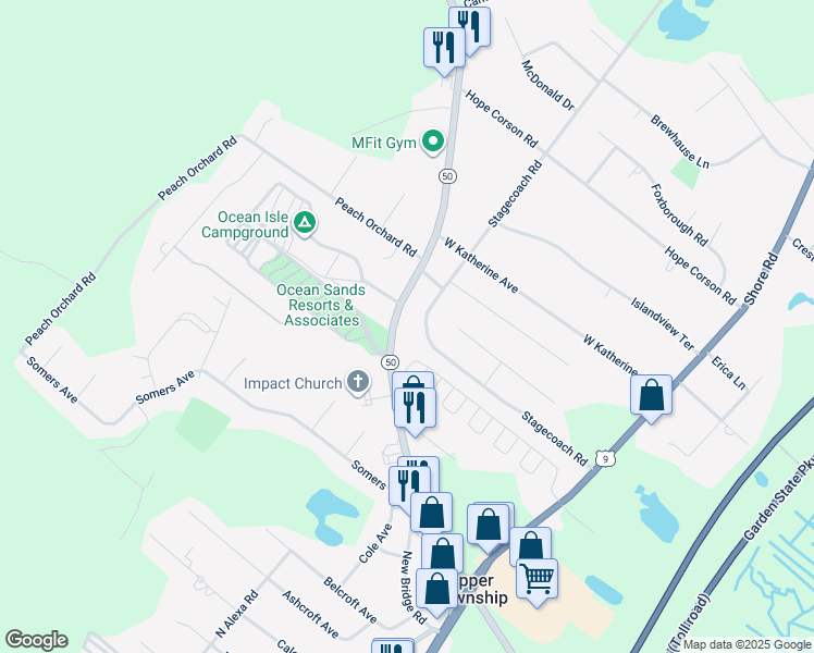 map of restaurants, bars, coffee shops, grocery stores, and more near 1502 Stagecoach Road in Ocean View