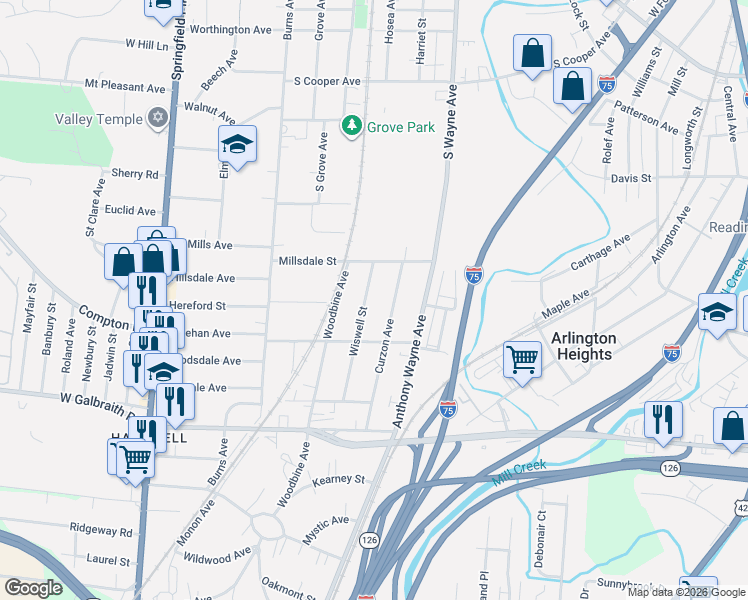 map of restaurants, bars, coffee shops, grocery stores, and more near 8416 Wiswell Street in Cincinnati