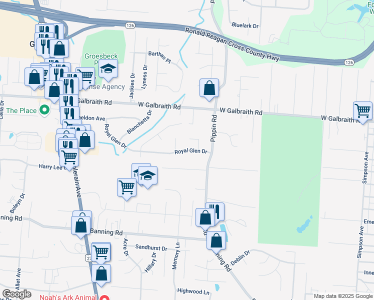 map of restaurants, bars, coffee shops, grocery stores, and more near 2627 Royal Glen Drive in Cincinnati