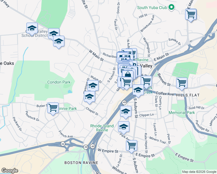 map of restaurants, bars, coffee shops, grocery stores, and more near 302 Walsh Street in Grass Valley