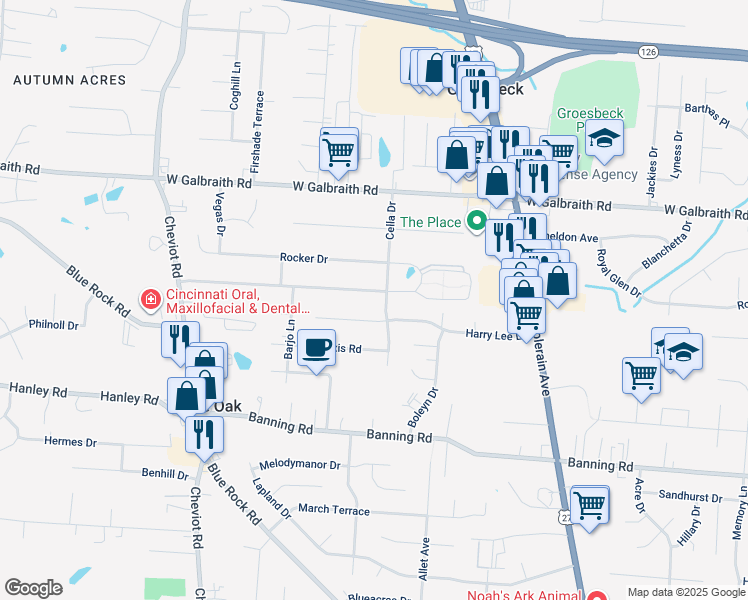 map of restaurants, bars, coffee shops, grocery stores, and more near 3334 Harry Lee Lane in Cincinnati