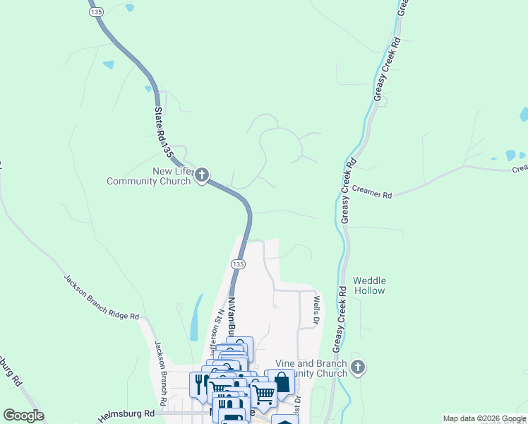 map of restaurants, bars, coffee shops, grocery stores, and more near 1325 North State Road 135 in Nashville