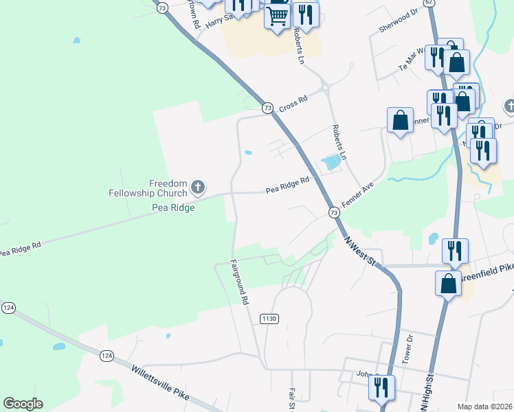 map of restaurants, bars, coffee shops, grocery stores, and more near 7560 Pea Ridge Road in Hillsboro