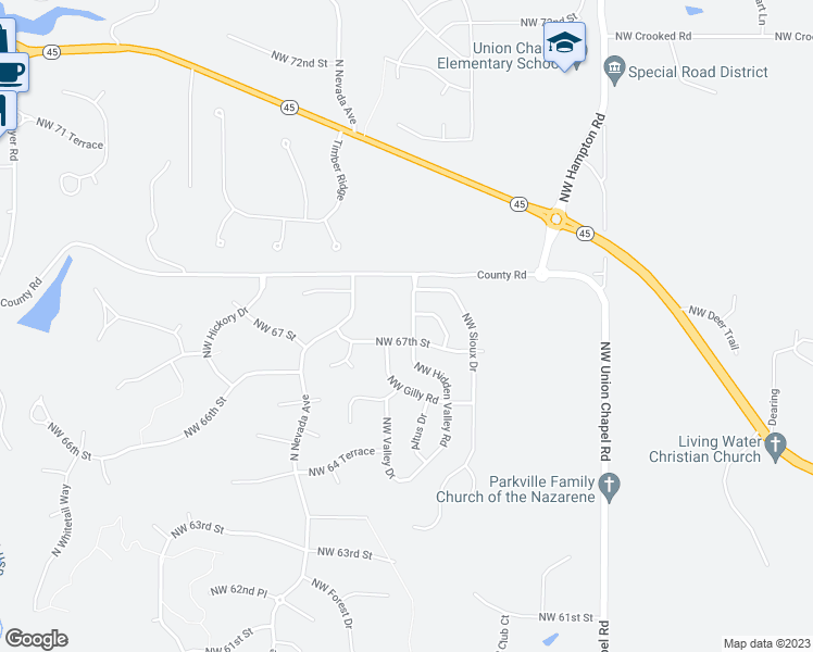 map of restaurants, bars, coffee shops, grocery stores, and more near 6704 Northwest Hidden Valley Road in Kansas City