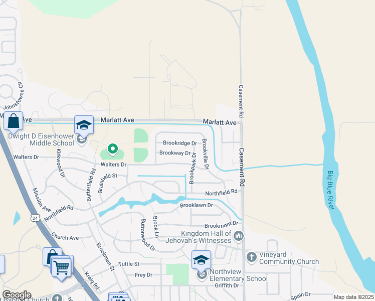 map of restaurants, bars, coffee shops, grocery stores, and more near 304 Brookway Drive in Manhattan
