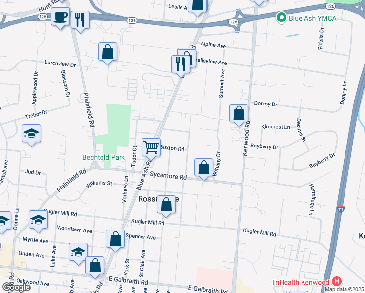 map of restaurants, bars, coffee shops, grocery stores, and more near 4563 Buxton Road in Cincinnati
