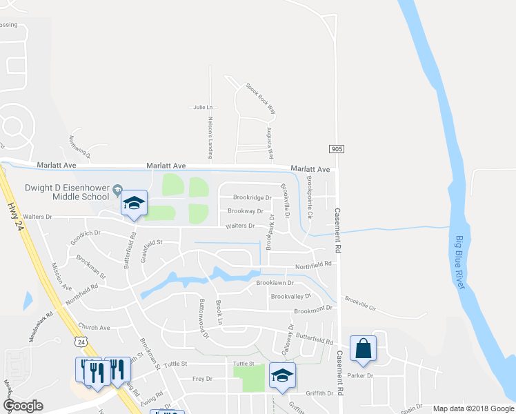 map of restaurants, bars, coffee shops, grocery stores, and more near 308 Brookway Drive in Manhattan