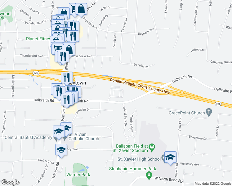map of restaurants, bars, coffee shops, grocery stores, and more near 8220 Kingsmere Court in Cincinnati