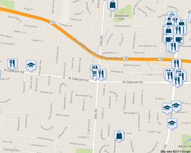 map of restaurants, bars, coffee shops, grocery stores, and more near in Cincinnati