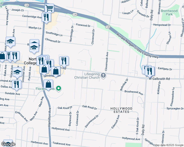 map of restaurants, bars, coffee shops, grocery stores, and more near 1387 Galbraith Road in Cincinnati