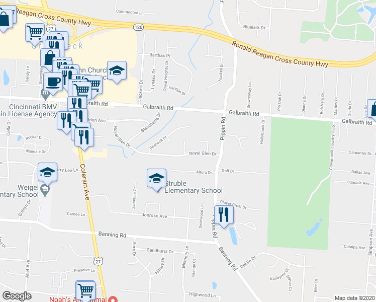 map of restaurants, bars, coffee shops, grocery stores, and more near 2627 Royal Glen Drive in Cincinnati